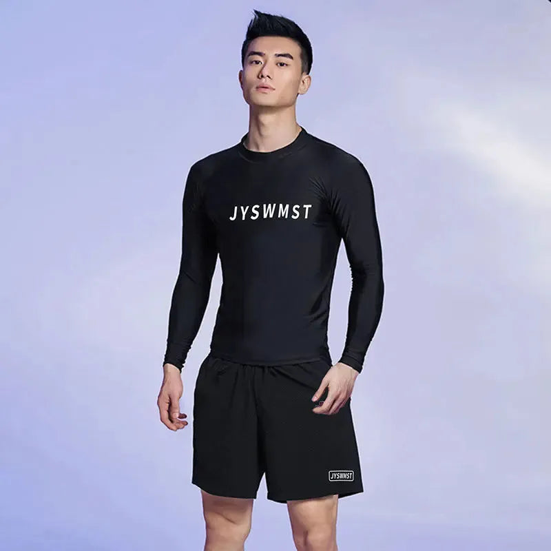 Men's plus size swimming trunks and matching rash guard top in polyester fabric.