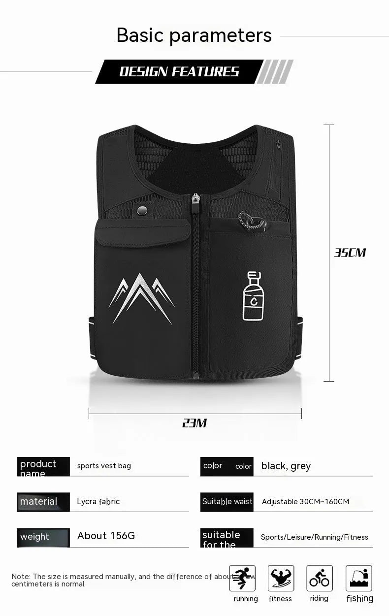 Sports running vest with breathable mesh and integrated phone compartment, shown in classic black colour