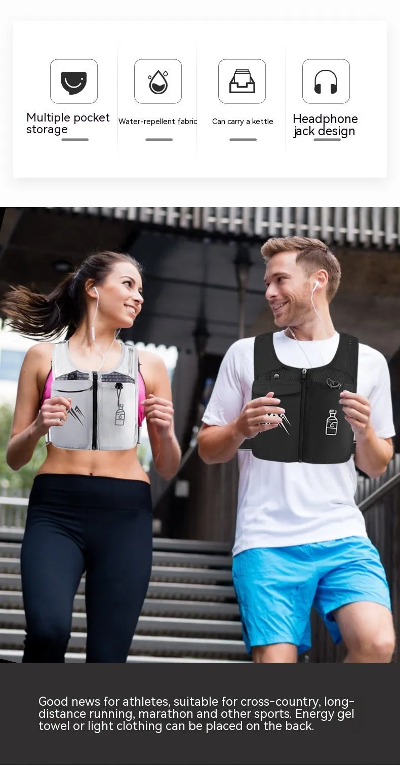 Sports running vest with breathable mesh and integrated phone compartment, shown in classic black colour