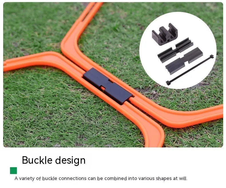 Set of six foldable yellow, green, and orange plastic hexagon football agility training rings laid out on grass.