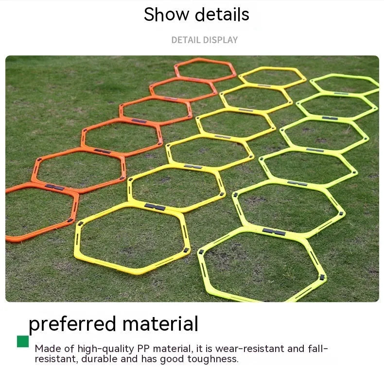 Set of six foldable yellow, green, and orange plastic hexagon football agility training rings laid out on grass.