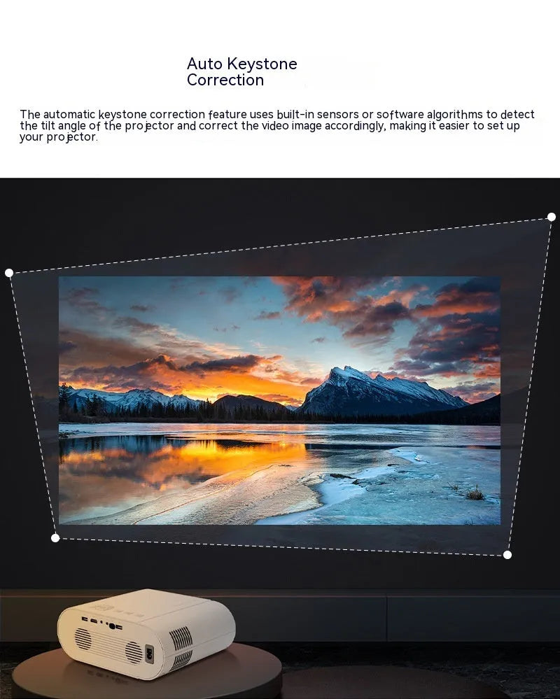 White T07 full HD 1080p smart projector with remote control on a table.