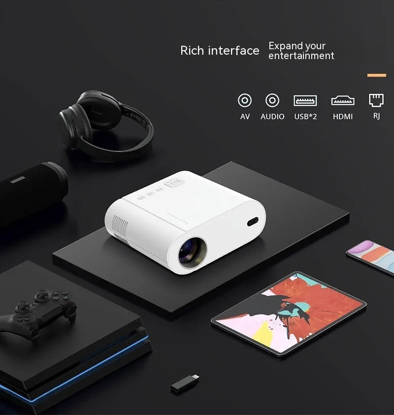White T07 full HD 1080p smart projector with remote control on a table.