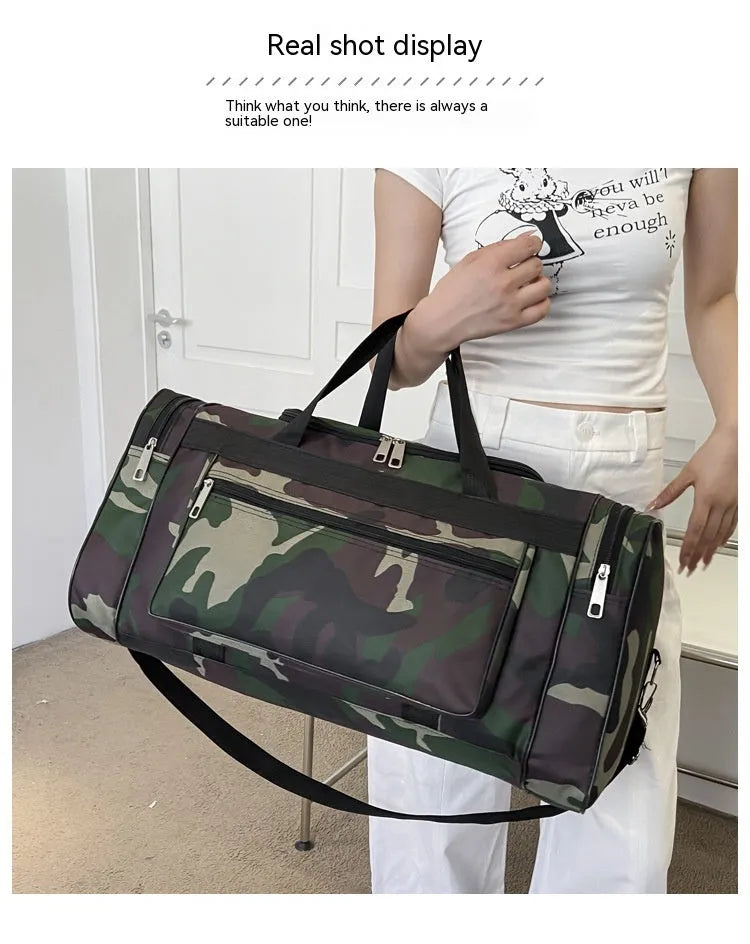Camouflage pattern luggage bag with waterproof fabric construction and striped polyester lining interior