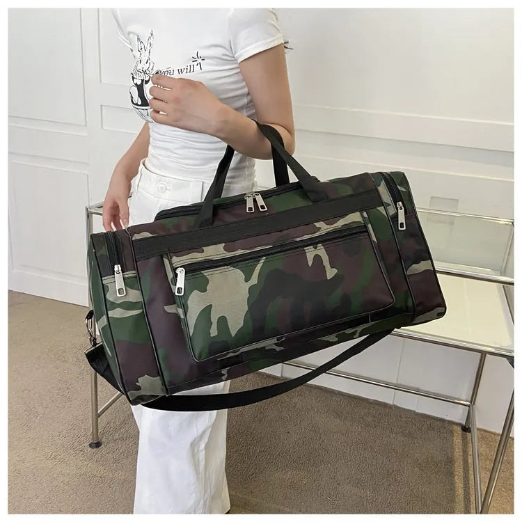 Camouflage pattern luggage bag with waterproof fabric construction and striped polyester lining interior