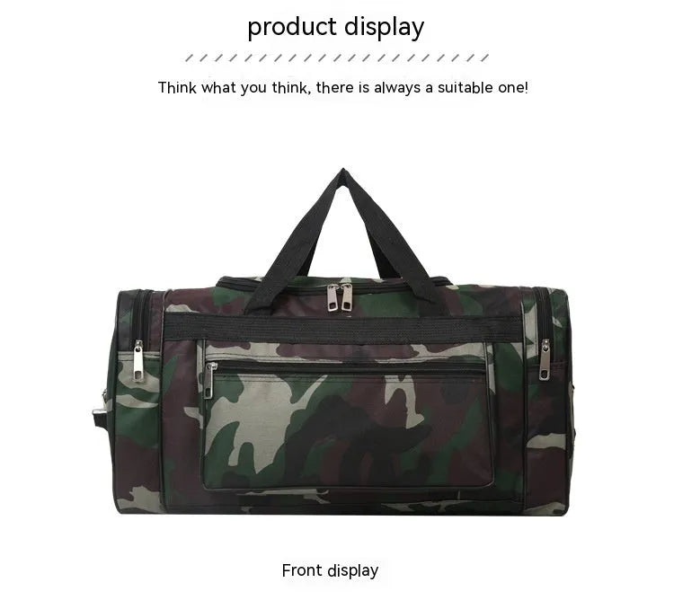 Camouflage pattern luggage bag with waterproof fabric construction and striped polyester lining interior