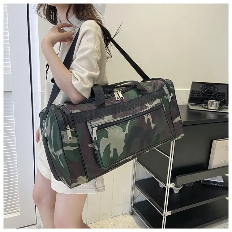 Camouflage pattern luggage bag with waterproof fabric construction and striped polyester lining interior