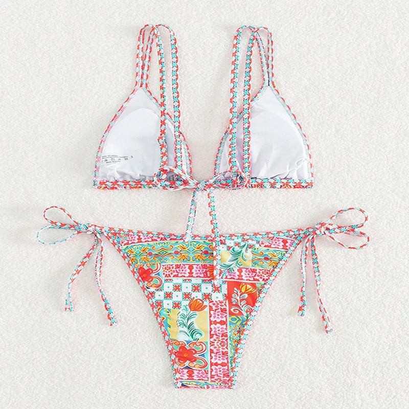 Women's lace-up split swimsuit with backless design in picture colour