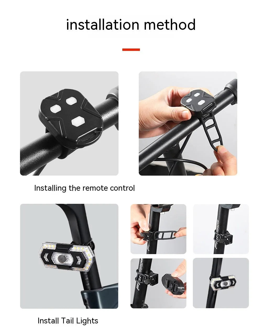 Black waterproof motorcycle LED taillight with wireless remote control and USB charging port