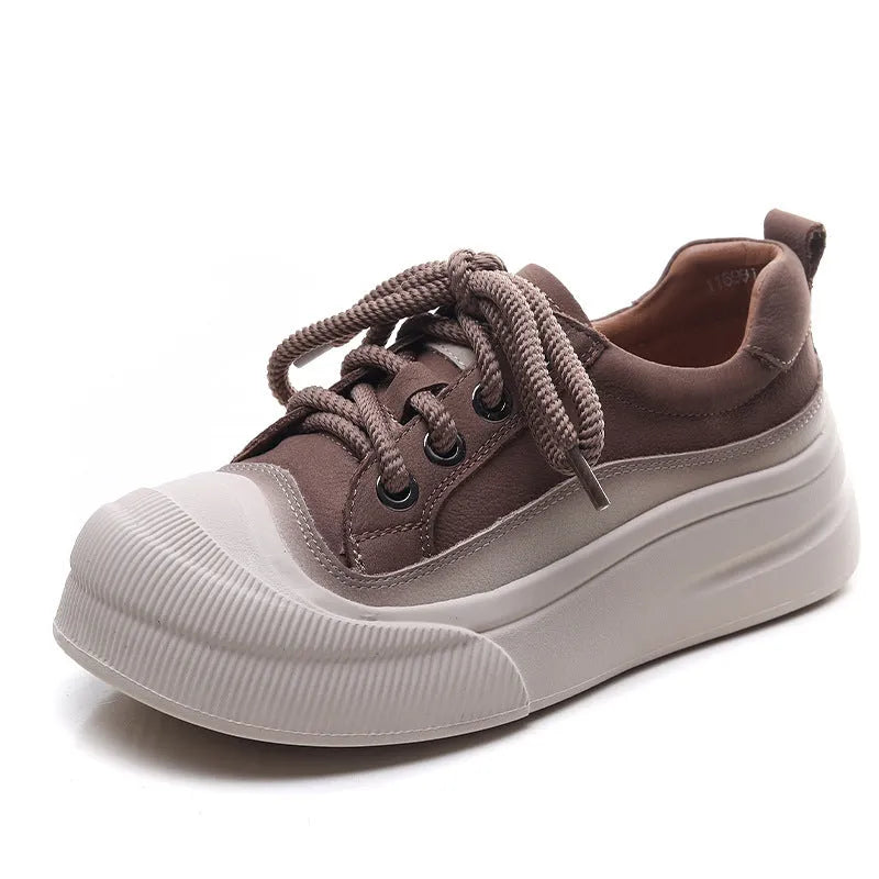 Women's yellow leather lace-up casual shoes with round toe and rubber sole
