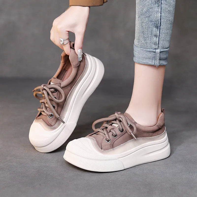 Women's yellow leather lace-up casual shoes with round toe and rubber sole