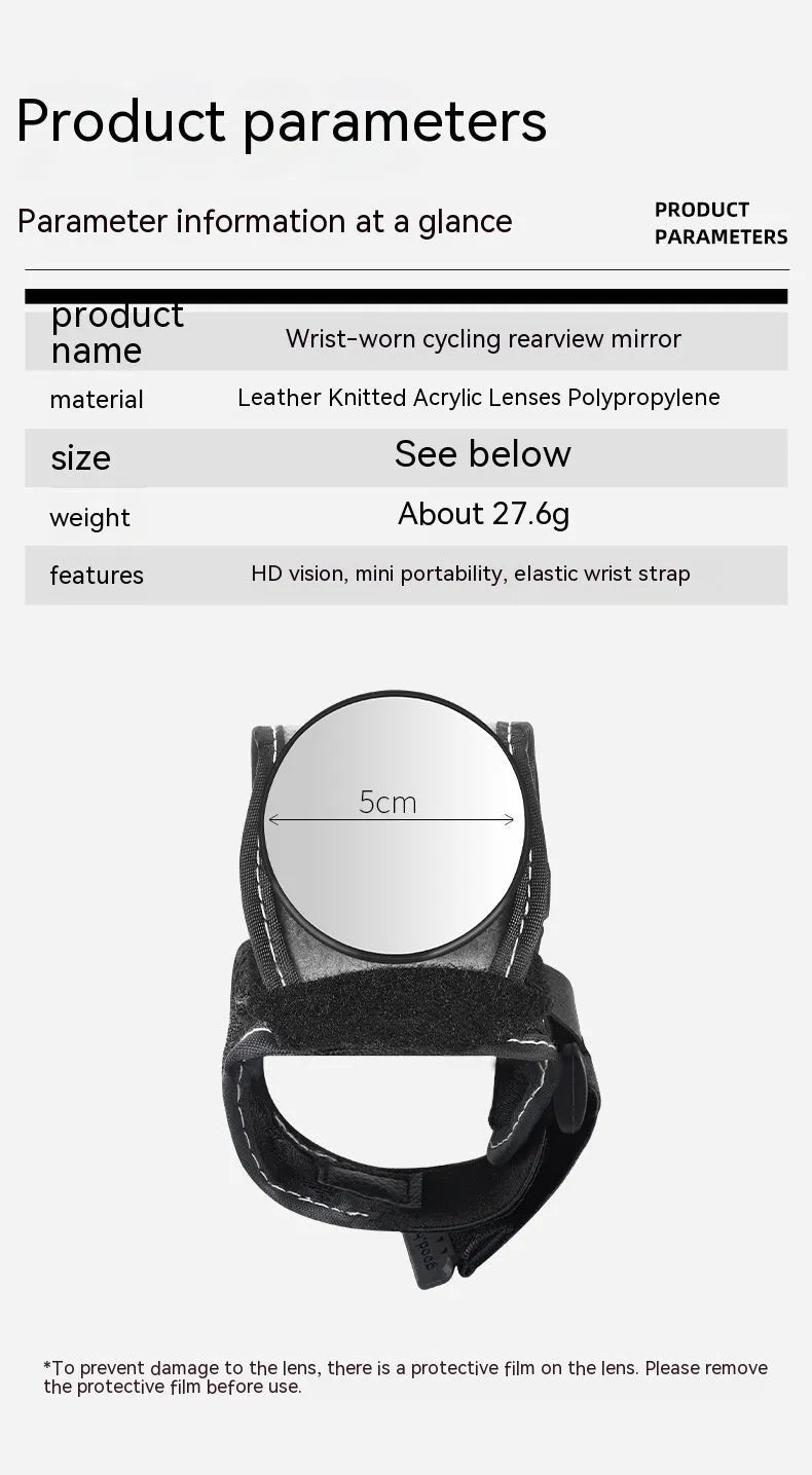 Black nylon wrist-mounted bicycle rear-view mirror with velcro strap and armoured glass reflective surface.