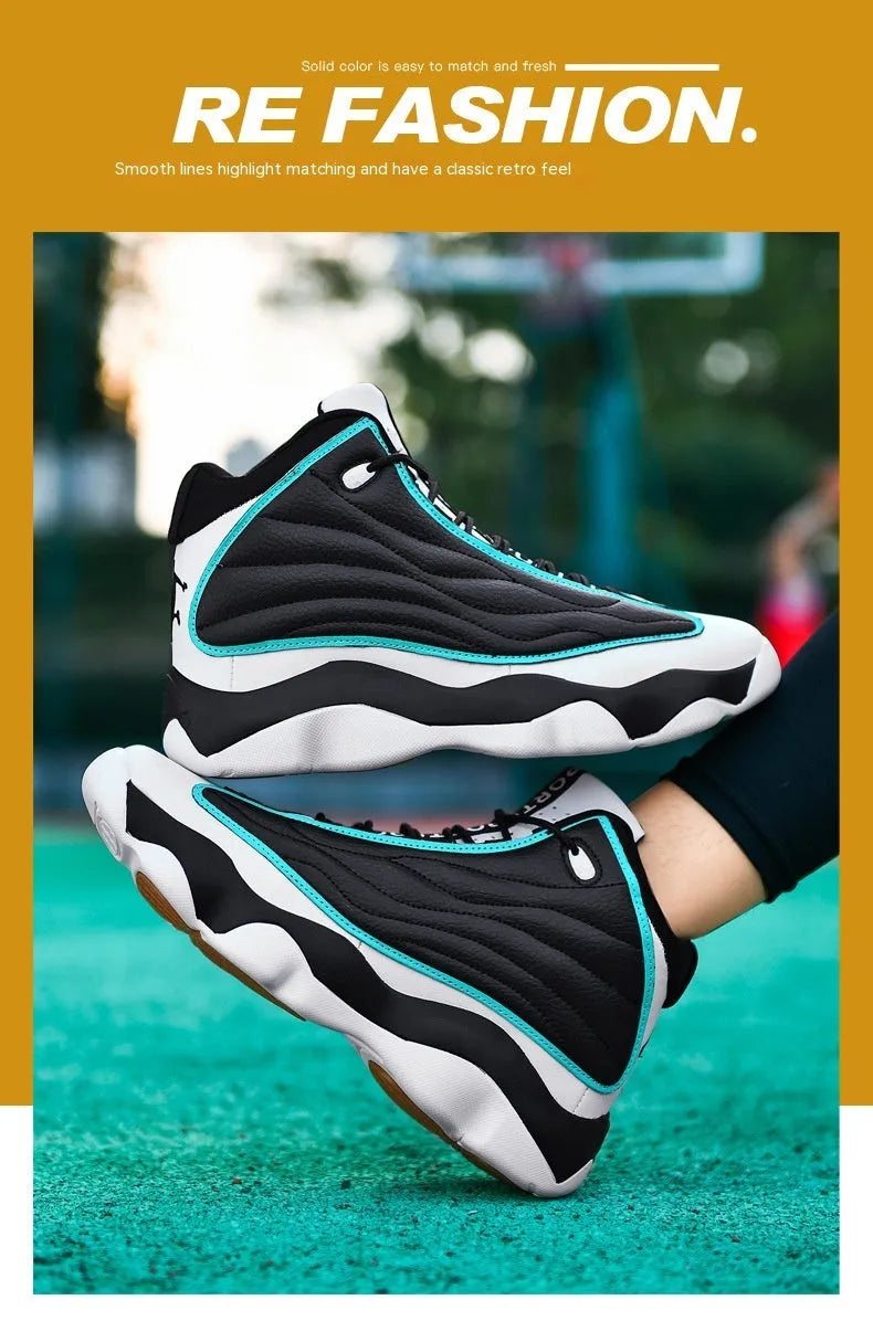 Men's high-top basketball shoe in black and light blue colour with mesh upper and rubber sole.
