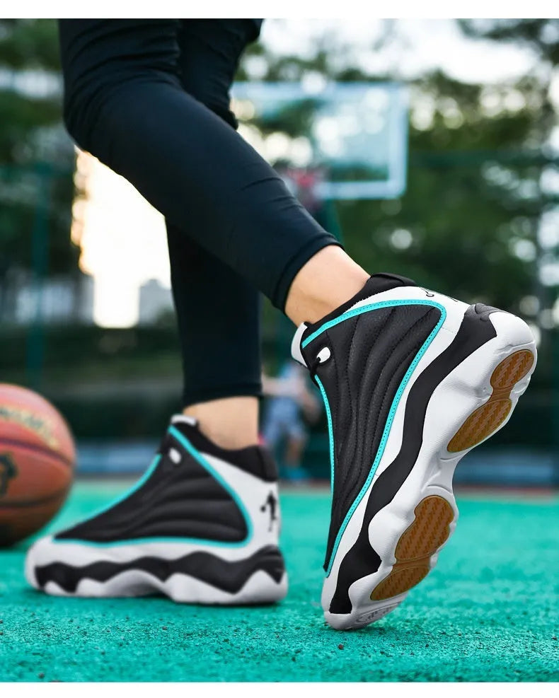 Men's high-top basketball shoe in black and light blue colour with mesh upper and rubber sole.