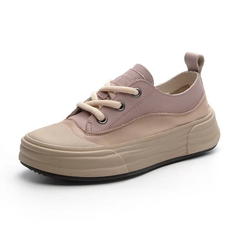 Women's low-top leather platform sneakers in matcha green, purple, or orange with round toe and front laces.