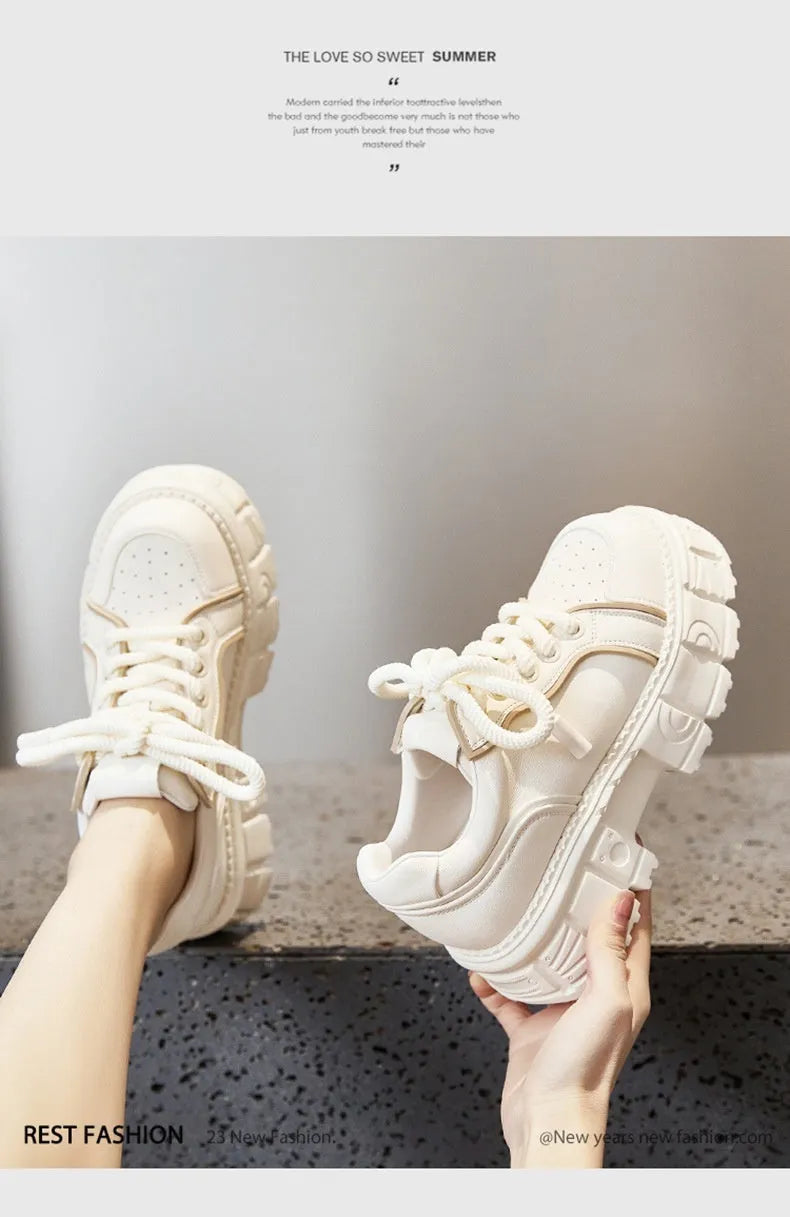 Women's beige and pink leather casual shoes with spring muffin bottom sole for height increase