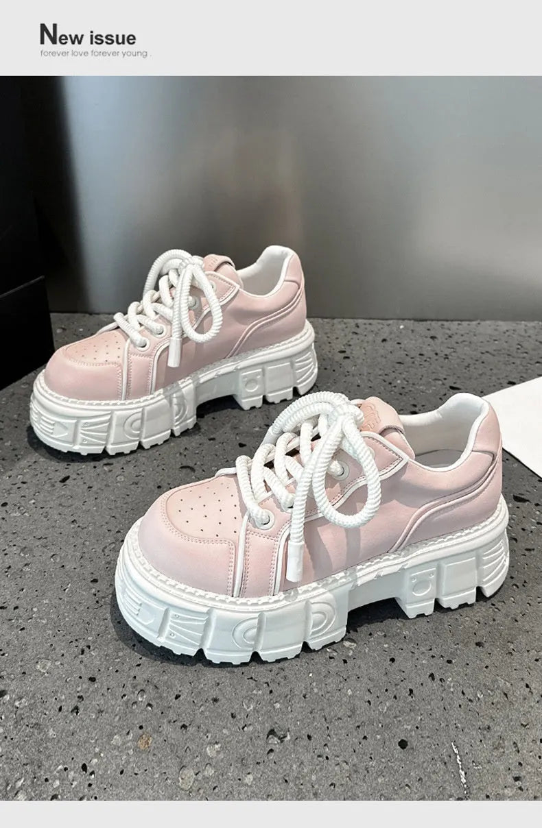 Women's beige and pink leather casual shoes with spring muffin bottom sole for height increase