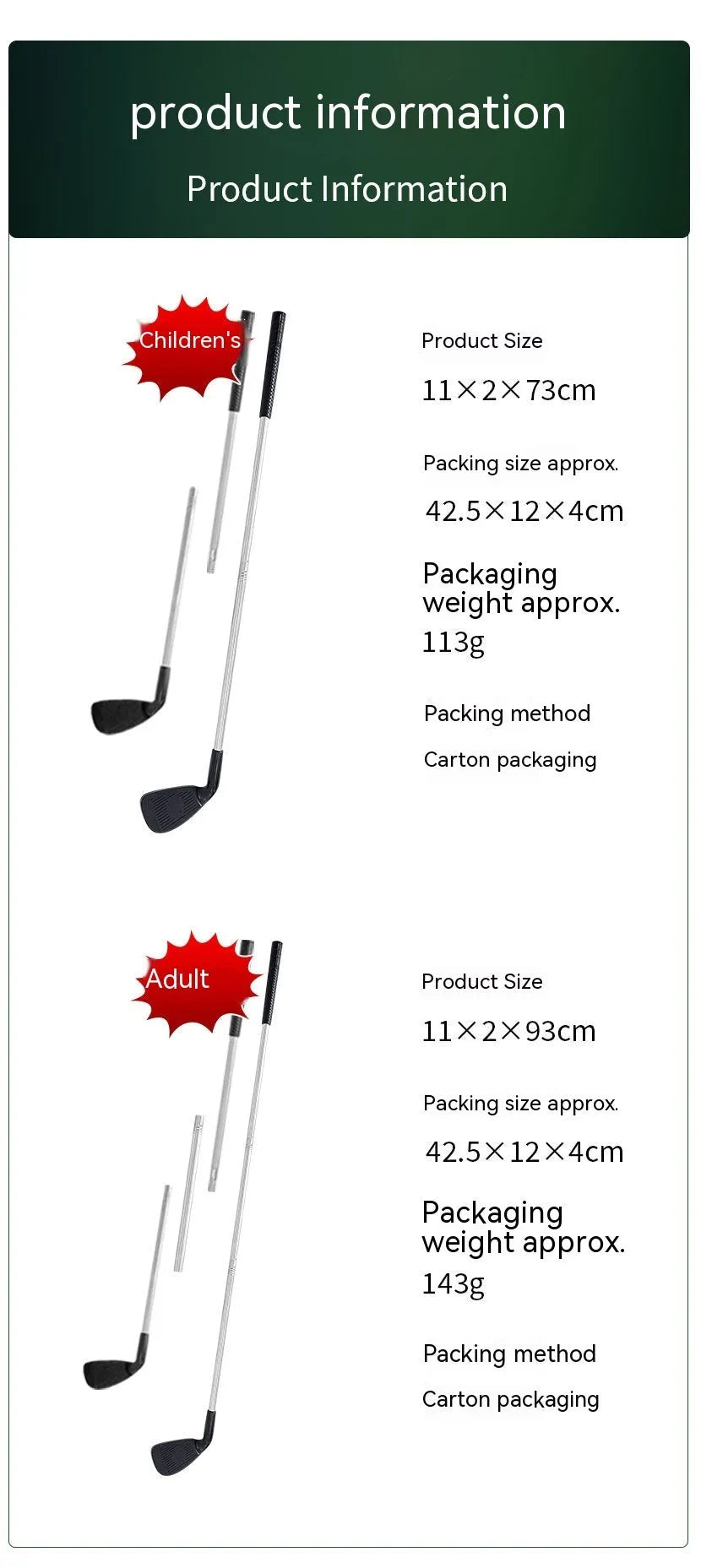 Metal golf club set showing adult and child sizes for outdoor training
