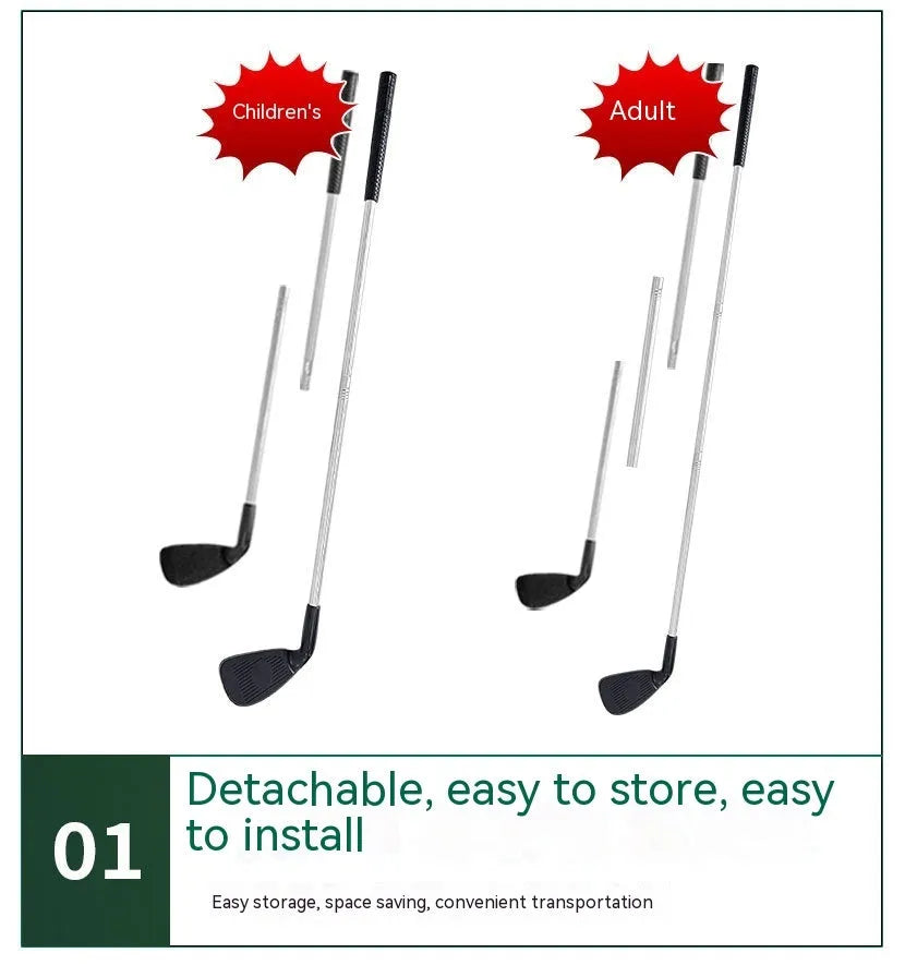 Metal golf club set showing adult and child sizes for outdoor training