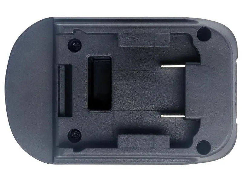 Black battery adapter converting Milwaukee DM18M to Makita H99F power tool batteries