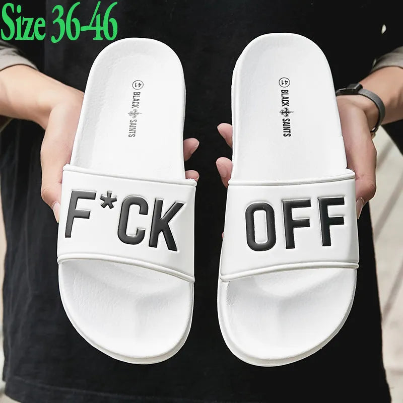Men's large size open toe personalised slippers with rubber sole in black and white colours