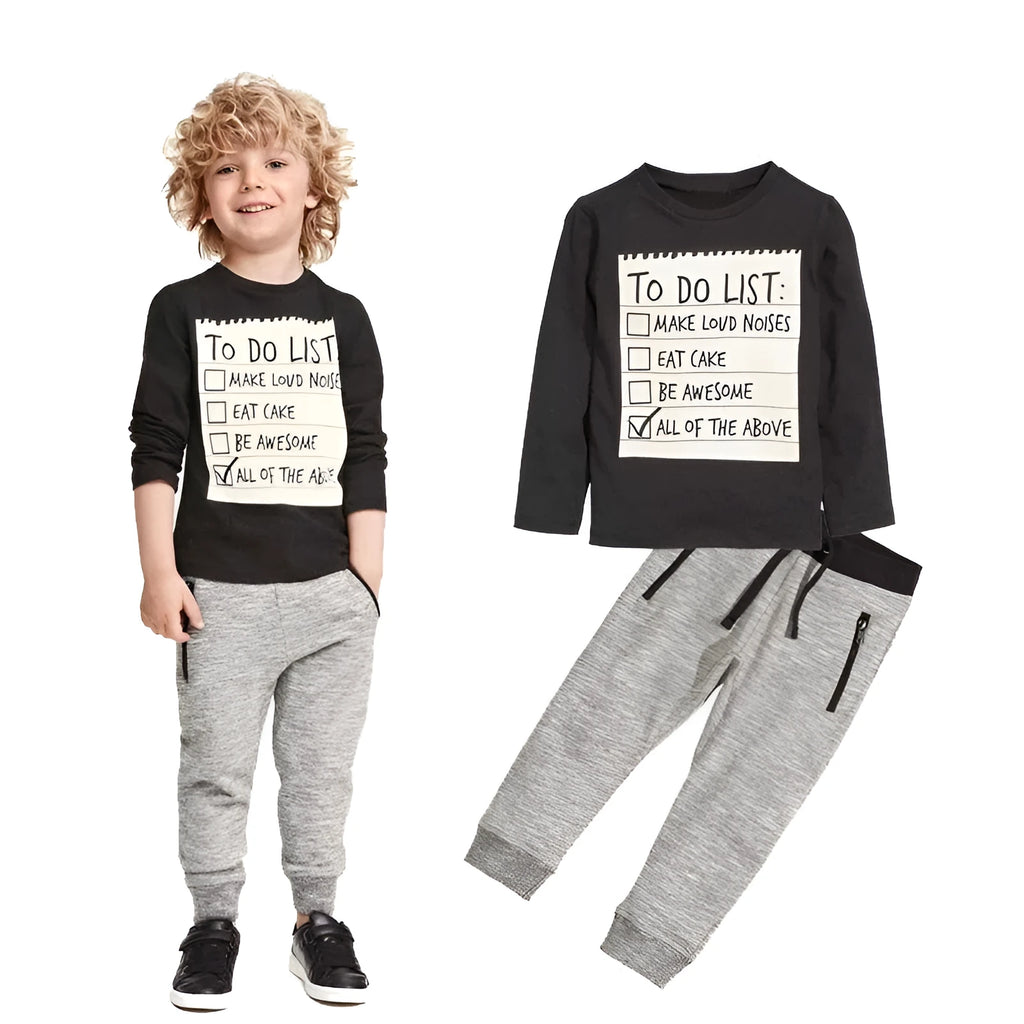 Boys casual cotton two-piece set with long sleeve t-shirt and pants featuring a letter print.