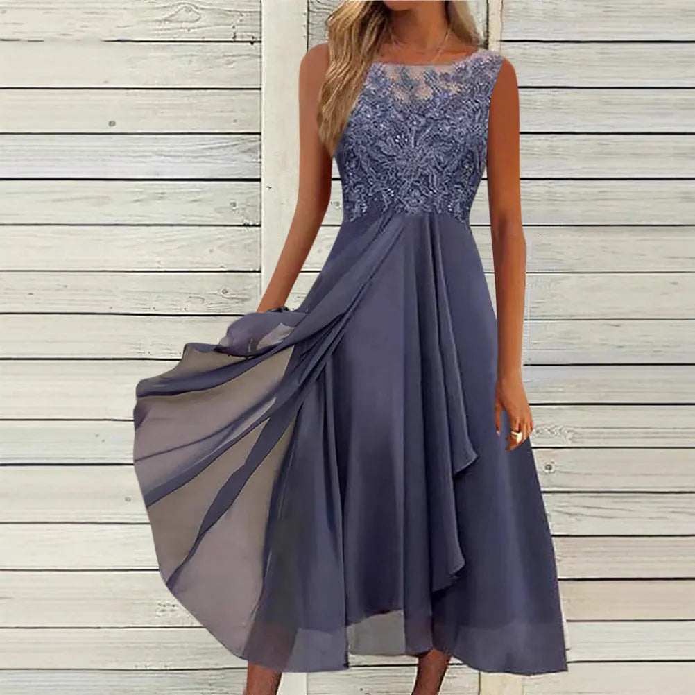 Women's sleeveless chiffon dress with lace hollow-out stitching in fresh sweet princess style