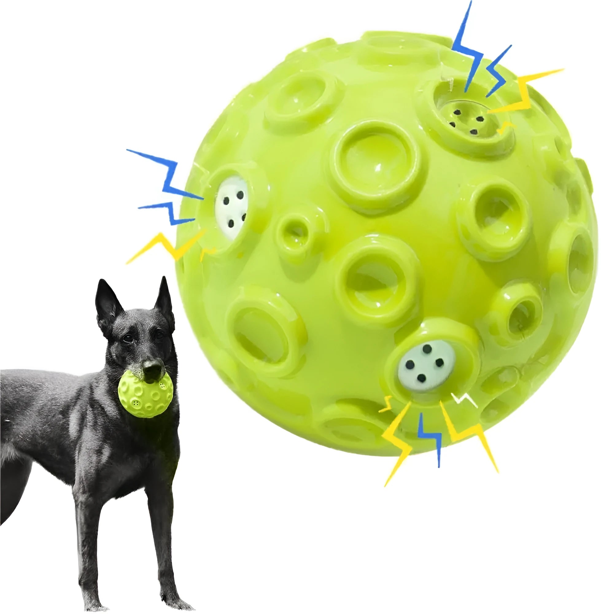Colourful natural rubber dog chew ball with textured surface and meteorite-shaped bumps