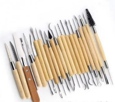 27-piece brown pottery clay tool set with stainless steel, wooden and plastic tools rolled in an OPP storage bag