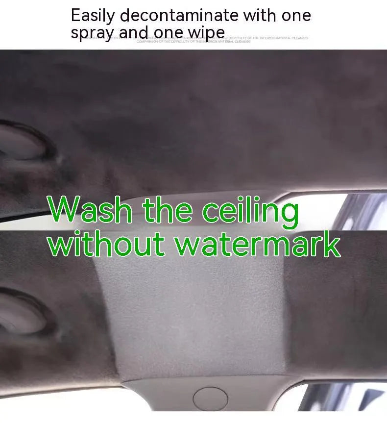Wash-free fabric roof foam cleaner bottle with microfibre towel and sponge wipes for car interior cleaning.