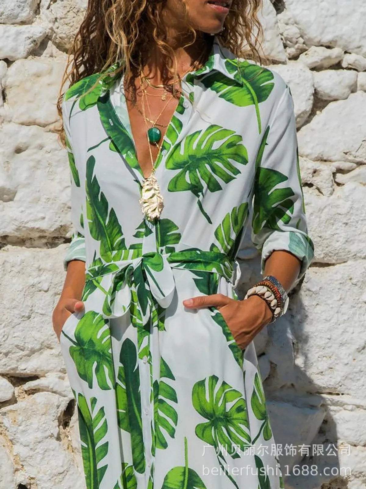 Women's vintage-style chiffon dress with V-neck, high waist, and printed A-line skirt.