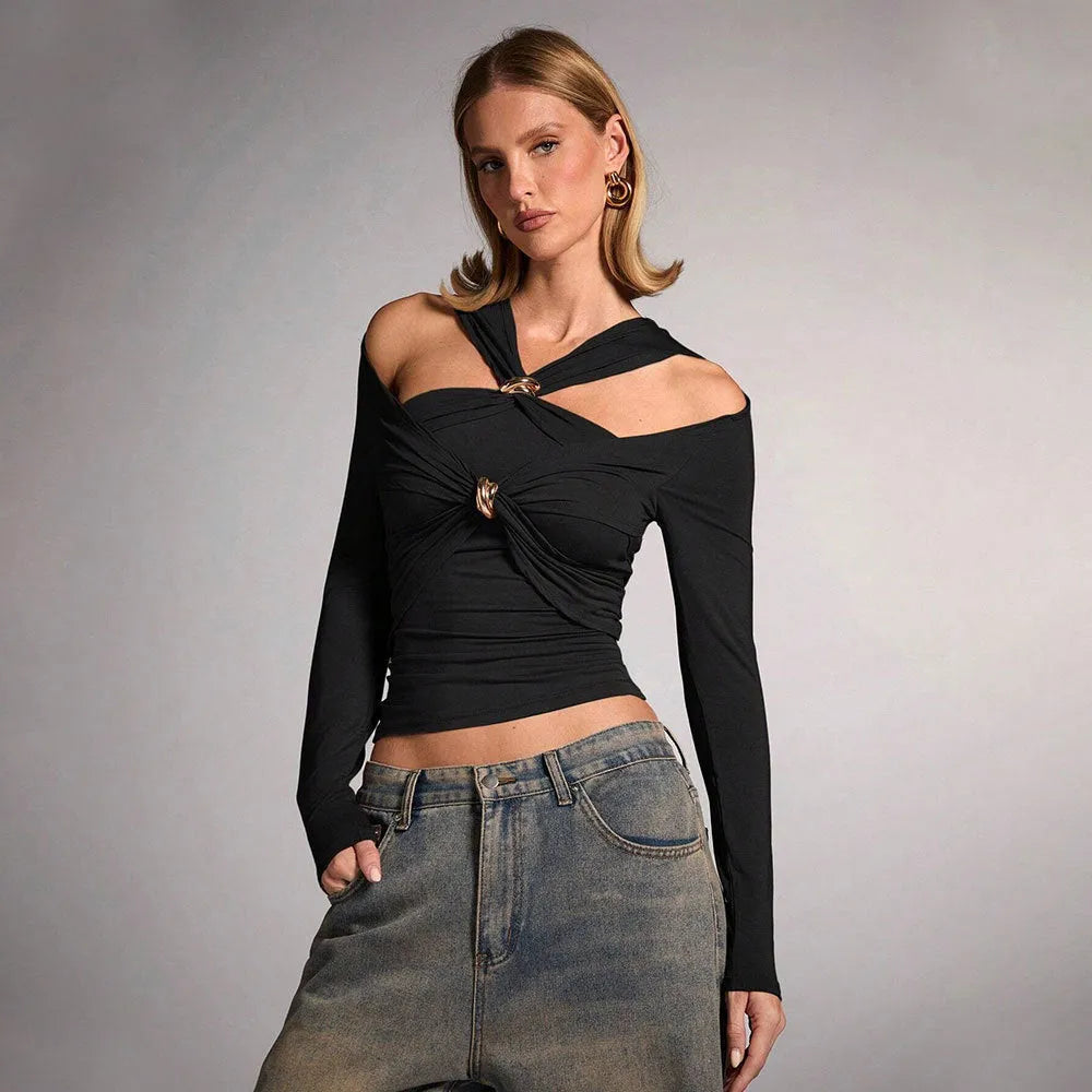 Black women's halter top with shoulder-baring design and slim fit silhouette in polyester fabric