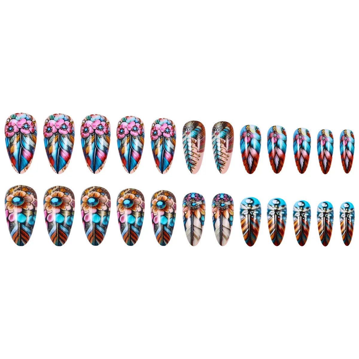 Retro nail art set with coloured plastic feather wear armour in butterfly, flower, and heart patterns