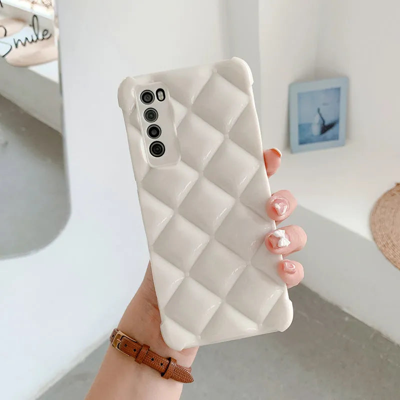 A solid colour silicone back cover case for a Huawei mobile phone, shown in black, green, pink, and white colour options.
