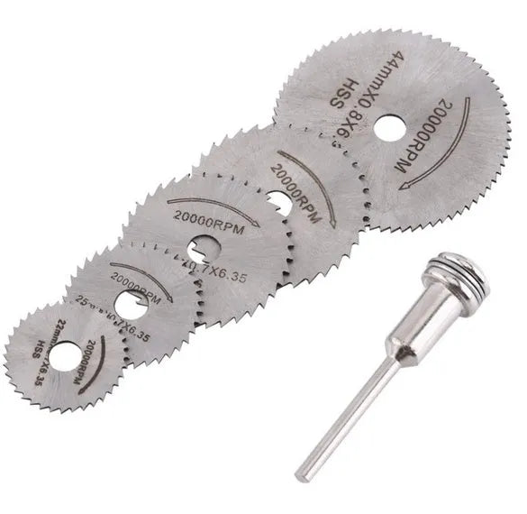 Set of 6 high-speed steel circular saw blades with mandrel for woodworking