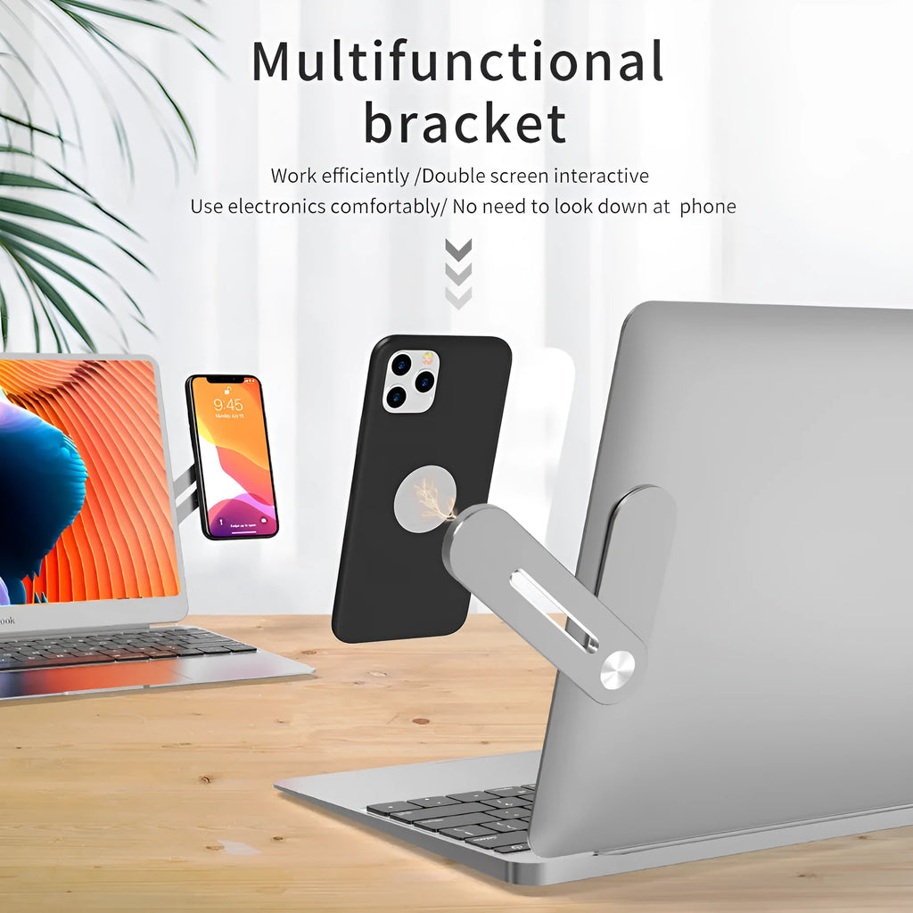 Aluminum laptop side mount bracket holding a mobile phone next to a laptop screen.