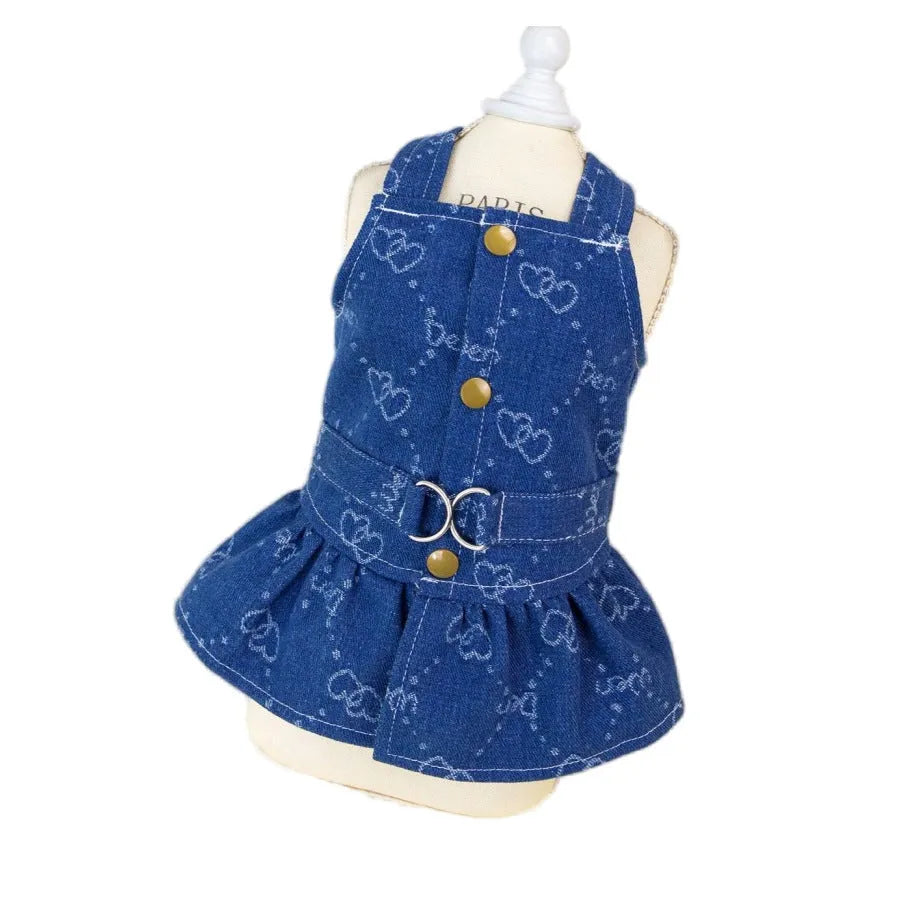 Teddy Bichon dog wearing denim princess dress with bracket skirt design