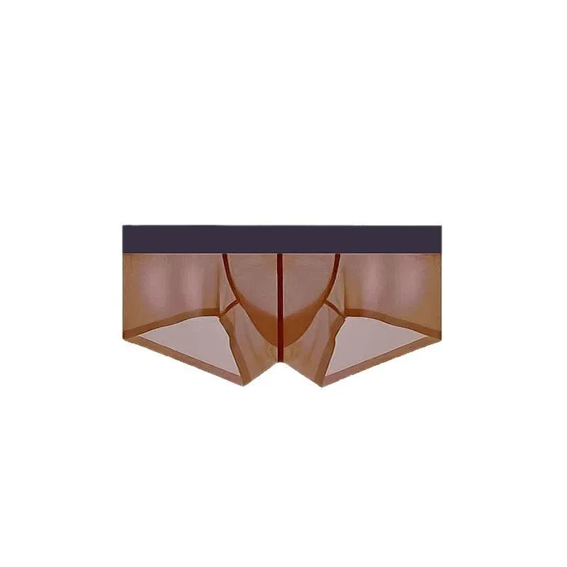 Men's seamless low-waist ice silk underwear in chocolate colour, showing ultra-thin fabric and hip-lifting design.