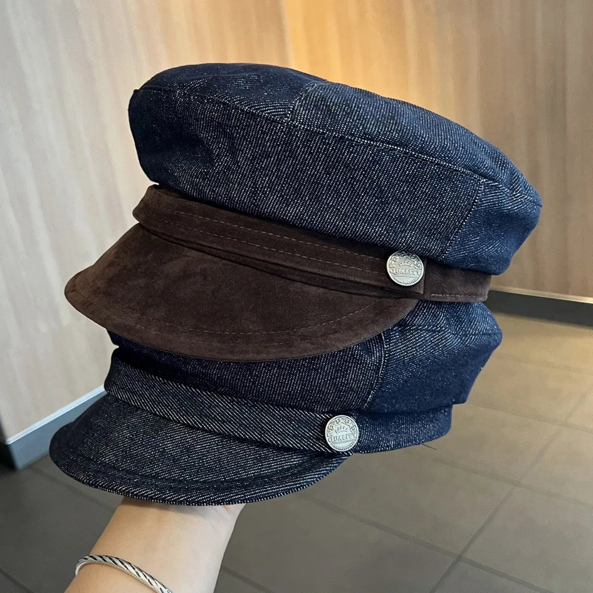 British retro octagonal denim newsboy hat with adjustable size and multiple brim colour options