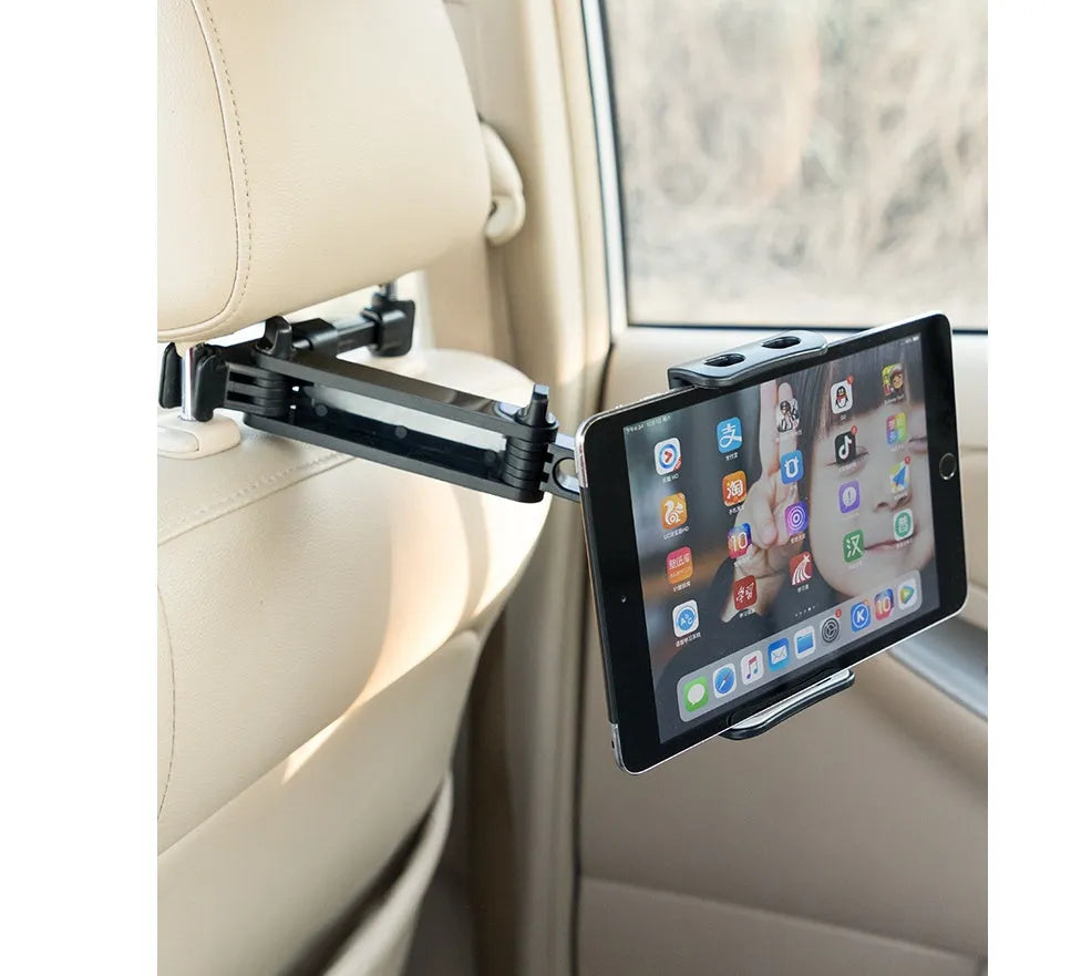 Black car phone holder mounted on rear seat base with universal tablet cradle