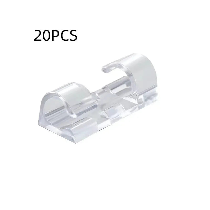 Transparent plastic self-adhesive cable management snap clips in a pack of 20.