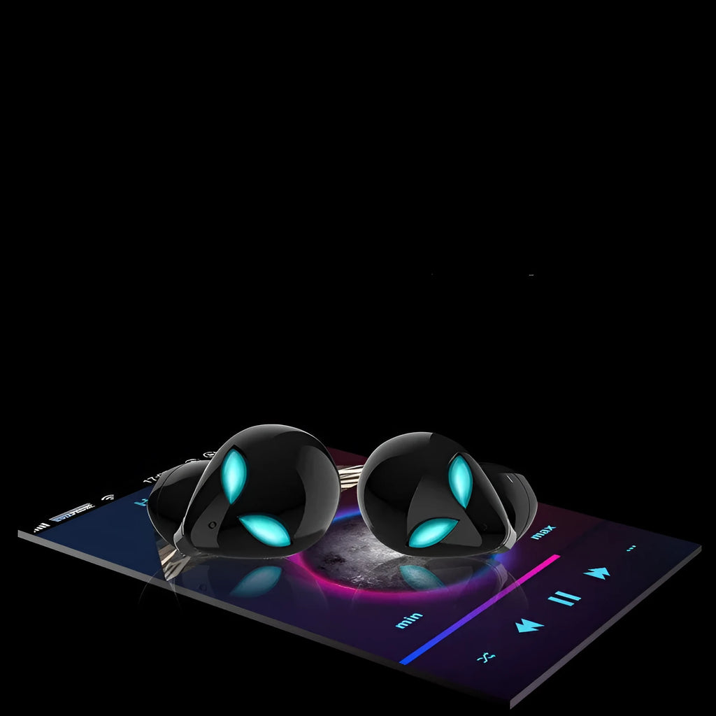 Creative Outer T8 Starman alien design Bluetooth headset with red LED lights and charging case.