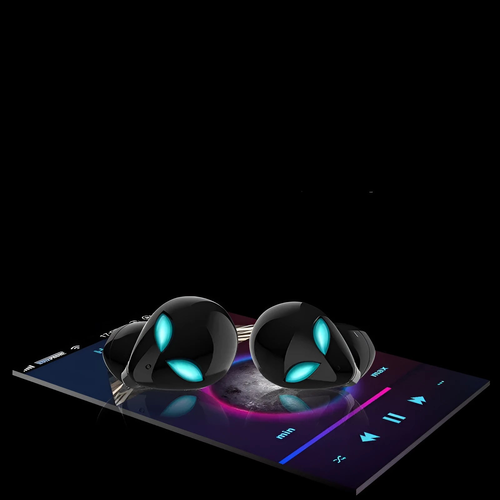 Creative Outer T8 Starman alien design Bluetooth headset with red LED lights and charging case.