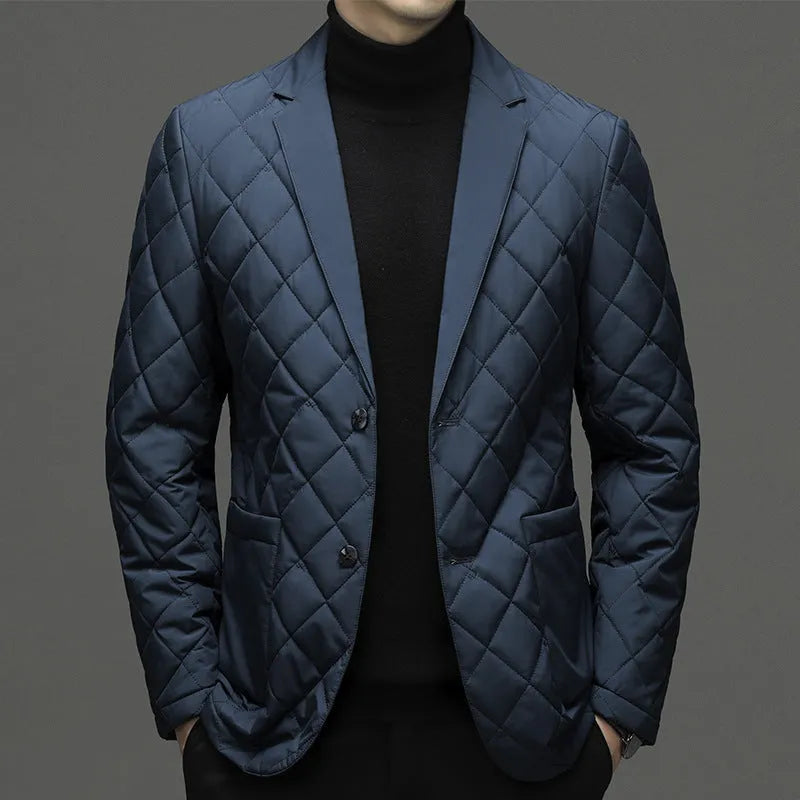 Men's black lapel collar down jacket in cardigan style with side seam pockets