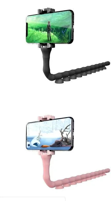 Flexible rubber phone bracket with suction cup showing 360° rotation capability