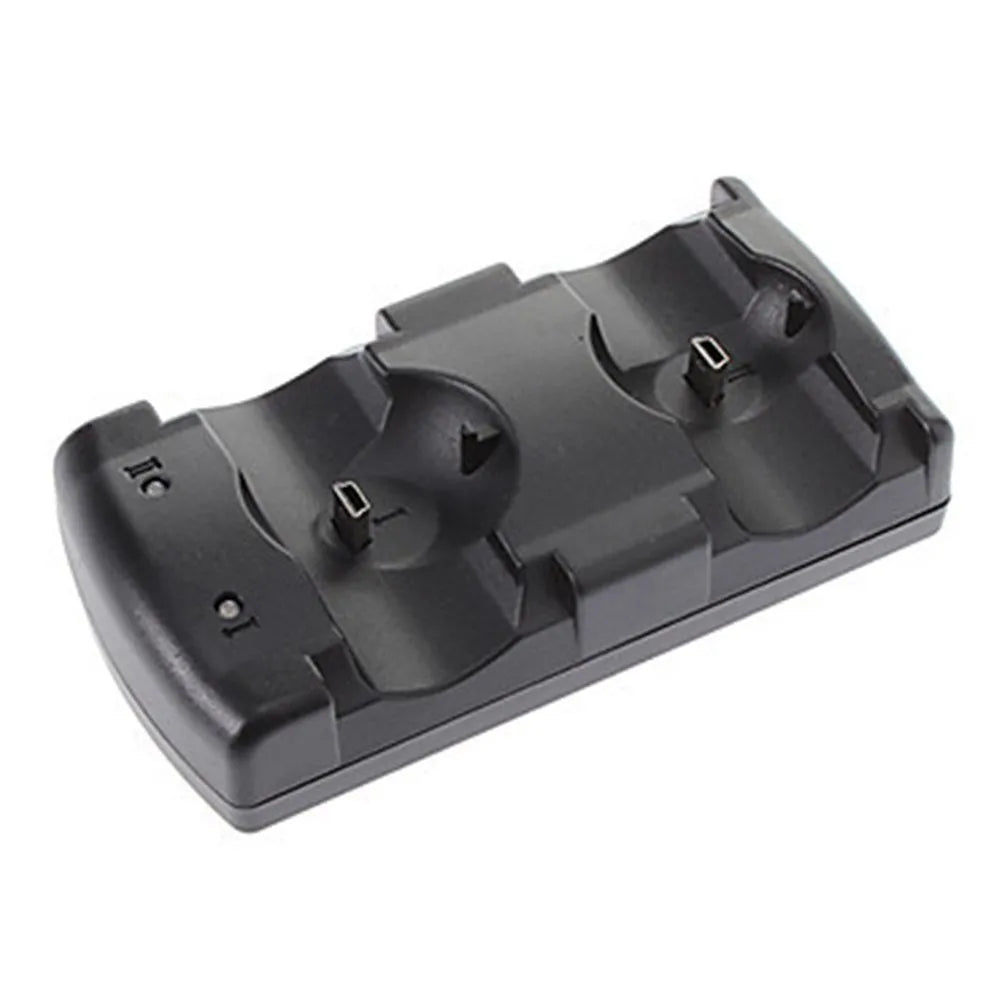 Black plastic dual USB charging dock for PlayStation 3 controllers with a connected cable
