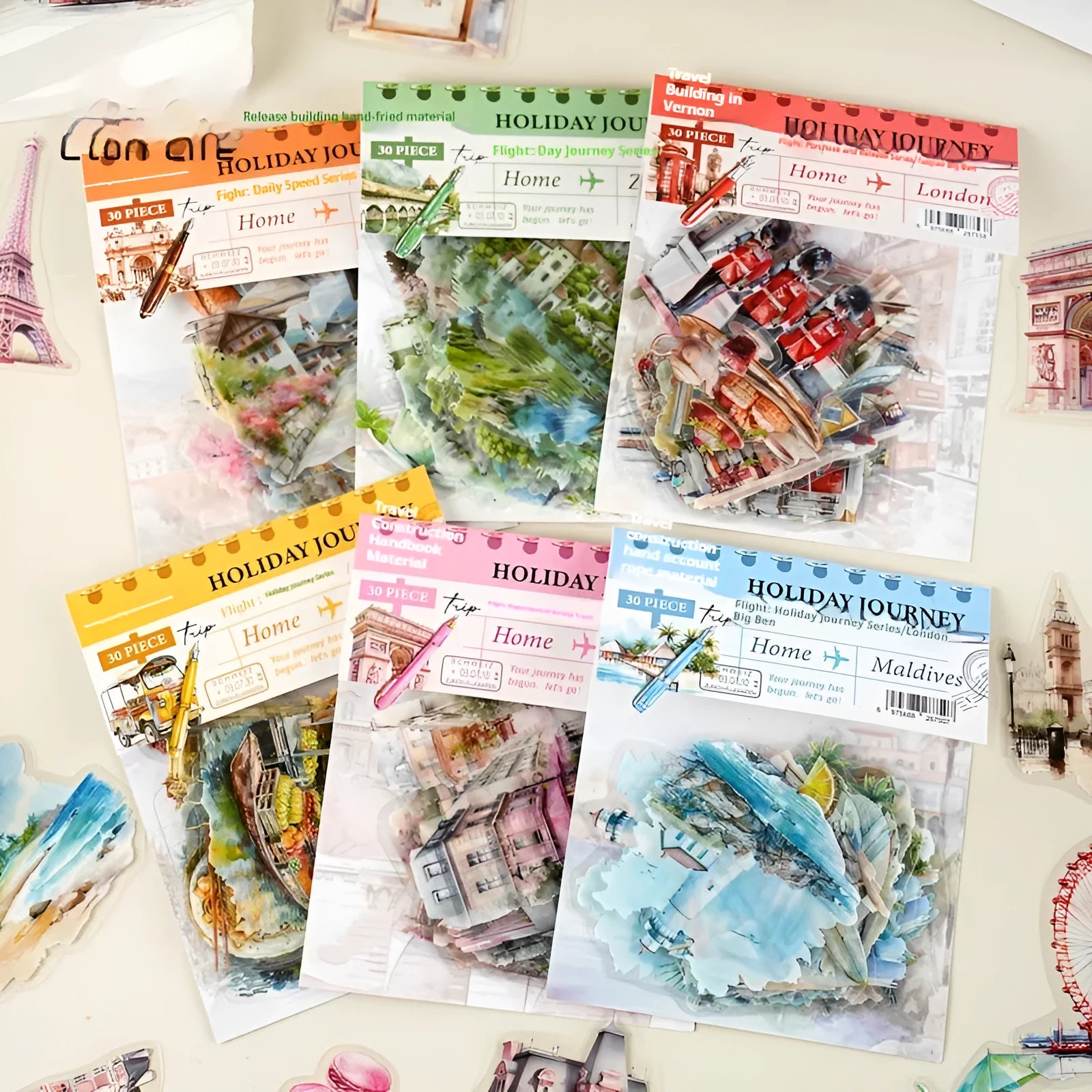Holiday Journey Series architecture journal stickers with retro illustrations of seven famous landmarks