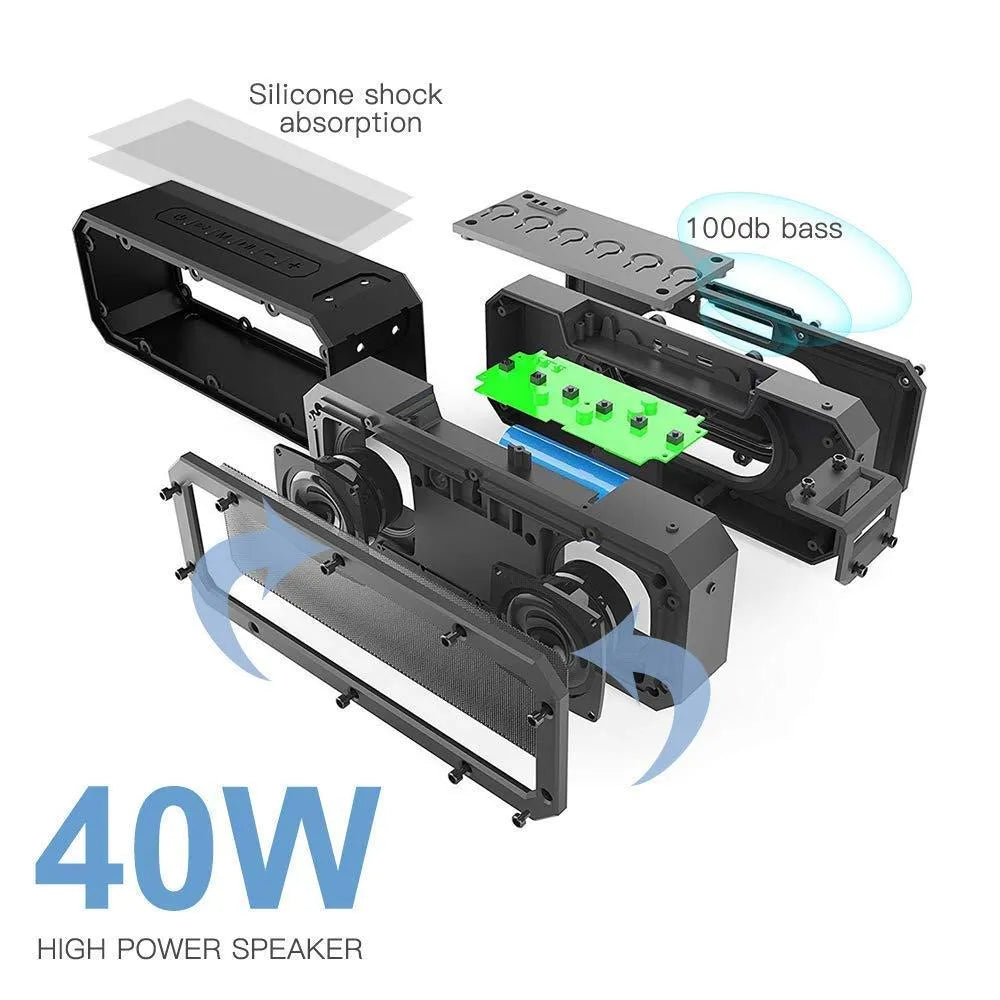 Black waterproof Bluetooth speaker with climbing rope attached showing dimensions 207x63x80mm