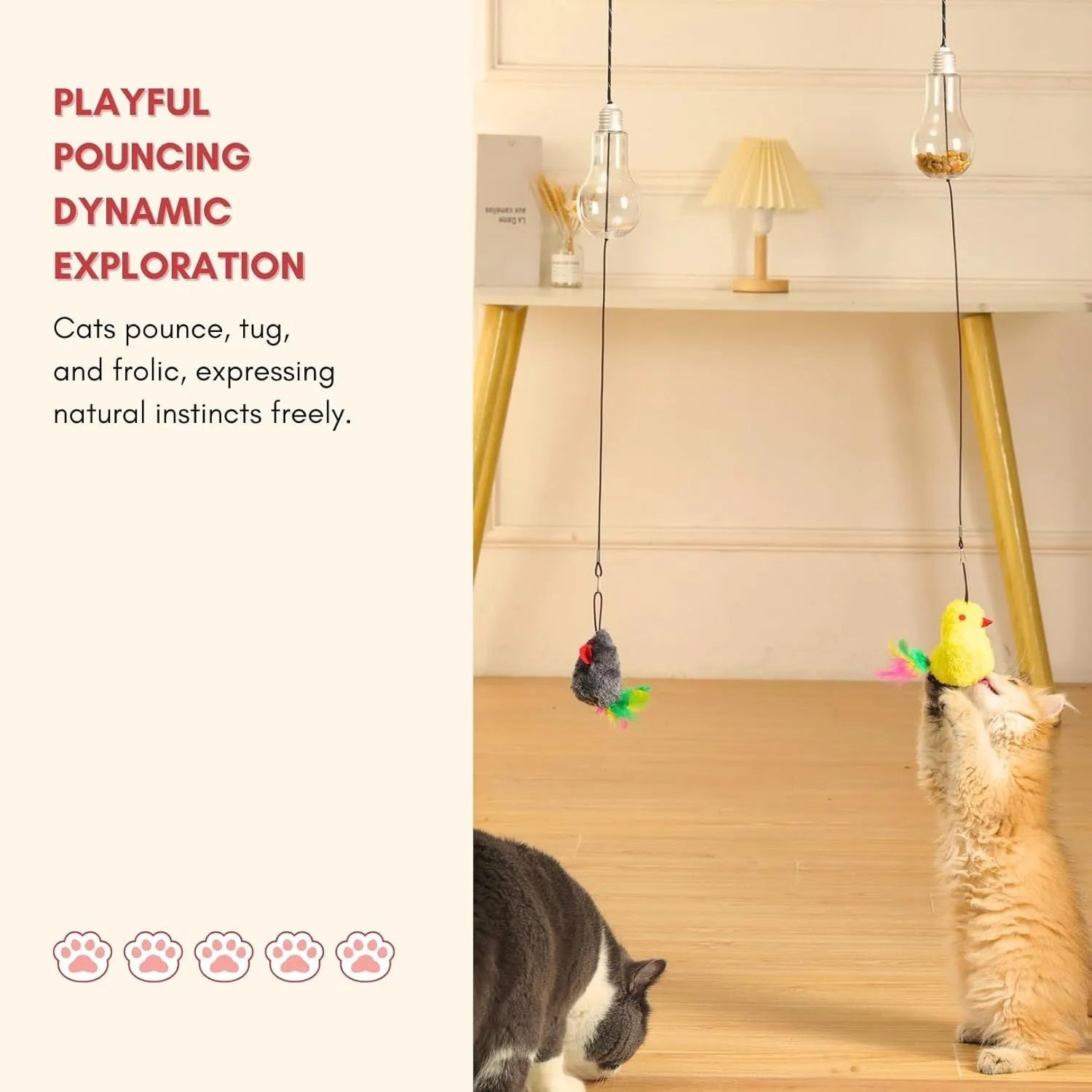 Grey and yellow retractable cat teaser toy hanging on door frame with treat bulb and dangling mouse
