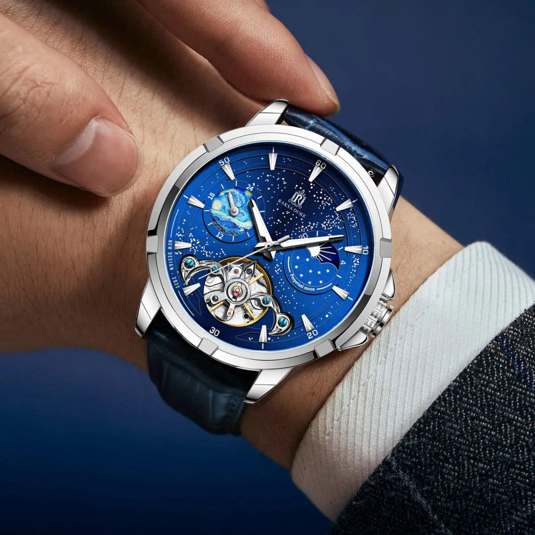 Men's blue dial automatic mechanical watch with stainless steel case
